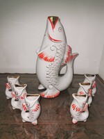Ritka 1955-ös Polonne hal formájú vodkás készlet – kézzel festett, aranyozott porcelán