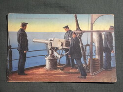 Képeslap,Osztrák Magyar haditengerészet,Pola,hadihajó,csatahajó,matróz,fedélzeti automata ágyú,1912-
