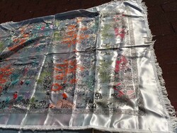 Vintage brokátos jelenetes kínai selyem terítő kárpit - hatalmas méret rojtos Hibátlan!
