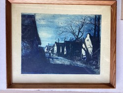 István Élesdi (1912 - 1987) - colored etching entitled village street, in a glazed garden.