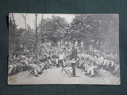 Képeslap, Piliscsaba, honvéd,katona tábor,laktanya,honvéd fúvós zenekar,hangverseny a táborban,1915
