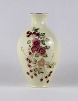 1U353 Vajszínű, aranyozott, virágos Zsolnay porcelán váza 14.5 cm