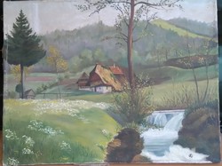 Osztrák szecesszós tájkép házikóval EW monogramm olaj/vászon 59x45 keret nélkül OLCSÓN!