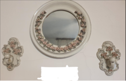 Rózsás porcelán fali tükör 2 gyertyatartóval