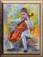 Kárpáti József: Kis csellista - keretezve: 95x70cm - alkotás: 85x60cm - KJ23/762M