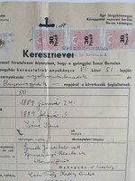 ZA617.11  Gyöngyös - Keresztlevél okmánybélyegekkel - Okirati illeték 1945 Szurok Smecsányi