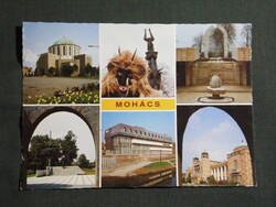 Képeslap,Mohács,mozaik,Busójárás,emlékpark,templom,városháza,hotel látkép,részlet, 1988-