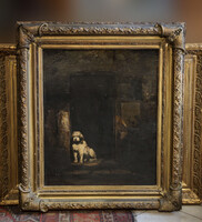 19. sz. Francia (?) Festmény  - Gazdáját Hazaváró Kutya 110x98cm