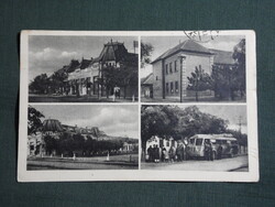Képeslap,Kiskunmajsa,mozaik,MÁVAUT buszmegálló,Ikarus autóbusz,Városi bazár,utca látkép ,1952--