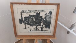 (K) Duray Tibor Bécsikapu tér rézkarc  50x41 cm kerettel patinás állapotban
