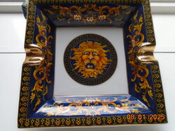 Újszerű,címkés Versace-Rosenthal kobalt arany Florentin oroszlánnal és reneszánsz mintákkal hamutál