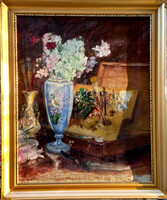 Csendélet festőkészlettel.76x62cm,Boldizsár István olajkép, ARTAME pecséttel ellátott tanúsítvánnyal