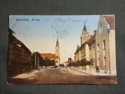 Képeslap,Kiskunhalas,Főutca,Rk. templom látkép,részlet,K. J. Bp. kiadás,1915-