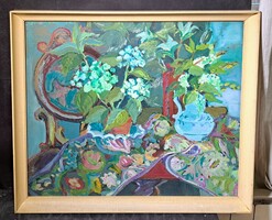 Ugocsai Antal (Beregszász, 1942-): Asztali csendélet (Képcsarnokos festmény) színes virágok, vázák