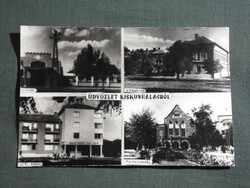 Képeslap,Kiskunhalas,mozaik,csarnok,gimnázium,bank,mozi látkép,részlet,1955-