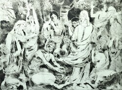 Pituk József: A segítség (szignózott rézkarc) Jézus, bibliai jelenet, szakrális kép