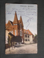 Képeslap,Kiskunhalas,Gimnázium,Szabó üzlet,utca látkép,részlet,K. J. Bp. kiadás,1915-