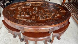 Kínai faragott dohányzóasztal, asztal,  teaasztal + 6 db sámli, keleti, ázsiai, japán