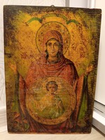 Régi, különleges hangulatú vallási témájú ikon, amely a Szűzanyát ábrázolja a gyermek Jézussal.