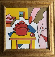 Ef. Zámbó István - Nyári konyhajelenet (B variáció 2022) olaj farost 32x32cm