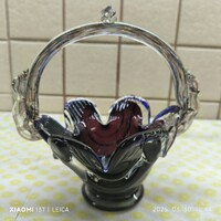 Retro muránói jellegű bordó, tulipán szirmú üveg kosár 20 cm eladó!