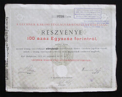 Lechner Rákosi Téglagyár Részvénytársaság részvény 100 forint / 200 korona 1895