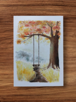 A hinta még vár, színes tus festmény 29,5x42 cm