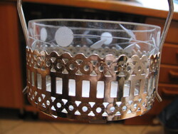 Rertro art deco cukor tartó metszett üveg tálka fém kosárkában