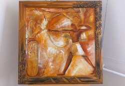 (K) Gyönyörű szignózott egyiptomi festmény 70x70 cm kerettel