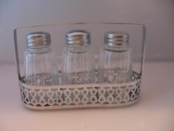 Retro STOHA design 3 üveg asztali fűszer szóró fém kosárkában