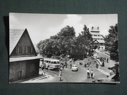 Képeslap,Mátraháza,SZOT üdülő,szálló,MÁVAUT buszmegálló,állomás,Ikarus busz látkép,részlet,1968-
