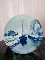 Kék -fehér  XIX.sz-i  holland fajansz / porcelán fali tányér  L. Apol: Téli táj  Petrus Regout 22 cm