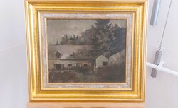 (K) Régi kis ház festmény (Benczúr Ida?)    50x45 cm kerettel
