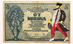 Szükségpénz 5 Korona Bankjegy Gúnypénz Színes Ritka 1919 T1-2 Kuriózum