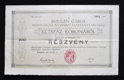 Bethlen Gábor Irodalmi és Nyomda Részvénytársaság részvény 200 korona 1918