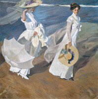 Sorolla: Séta a tengerparton 1909 reprodukció vászon nyomat vászonkép nő fehér ruha kalap napernyő