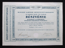 Kinizsy Garage Részvénytársaság részvény 10x30 pengő 1928