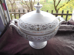 Antik  polgári darab fedeles  kínáló (leveses)  hófehér porcelán , madár figurákkal