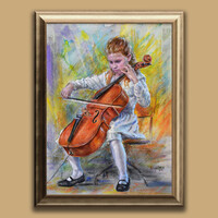 Kárpáti József: Kis csellista - keretezve: 95x70cm - alkotás: 85x60cm - KJ23/762M