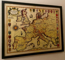 Egyedülálló vintage térkép, Európa 1500 körüli ábrázolásával, címerekkel