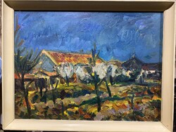 MONOS JÓZSEF “ FALUSI TAVASZ” OLAJ VÁSZON FESTMÉNYE RAGYOGÓ SZÍNEKKEL!  86X66 cm!