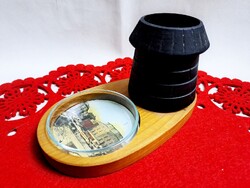 Régi Pécsi fa emléktárgy üveg hamutállal Dzsámi képpel