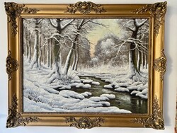 Neogrády László Téli erdő patakkal 60x80 cm
