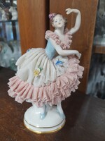 Német,Germany Rudolstadt-Volkstedt Türingia 1900-1935 Tüllszoknyás Balerina Porcelán Figura.15.5 cm.