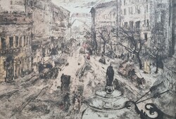 Séday Éva: Városrész (színezett rézkarc) talán a régi Kálvin tér Budapesten?