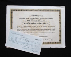 Jászsági Helyi Érdekű Vasút részvény 200 korona 1911 + élvezeti jegy 1940 Jászapáti