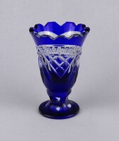 1V072 Régi kék színű csiszolt kristály talpas váza ibolyaváza 10.5 cm