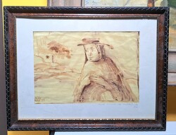 Lacza Márta (1946-): Kalapos nő (selyemkép) 1990-es évek