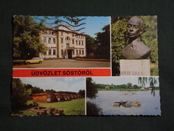 Képeslap,Nyíregyháza,mozaik,Sóstó gyógyfürdő,kemping,szálló,étterem,Krúdy szobor,részlet, 1982-