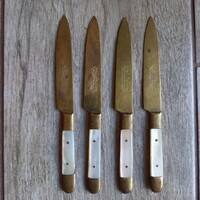 Csodaszép régi gyöngyházas réz gyümölcsvágó kés szett (14 cm)